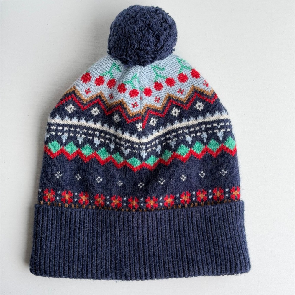 Crewcuts Fair Isle Pom Beanie Kids L/XL Blue Wool Blend Winter Knit Hat Nordic